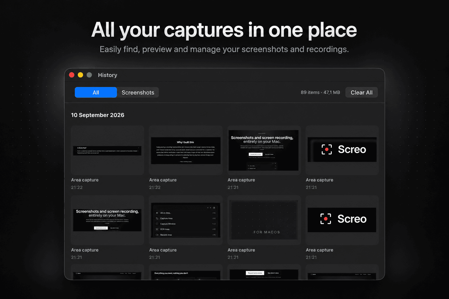 Screo's History window, showing a grid of past screenshots grouped by day