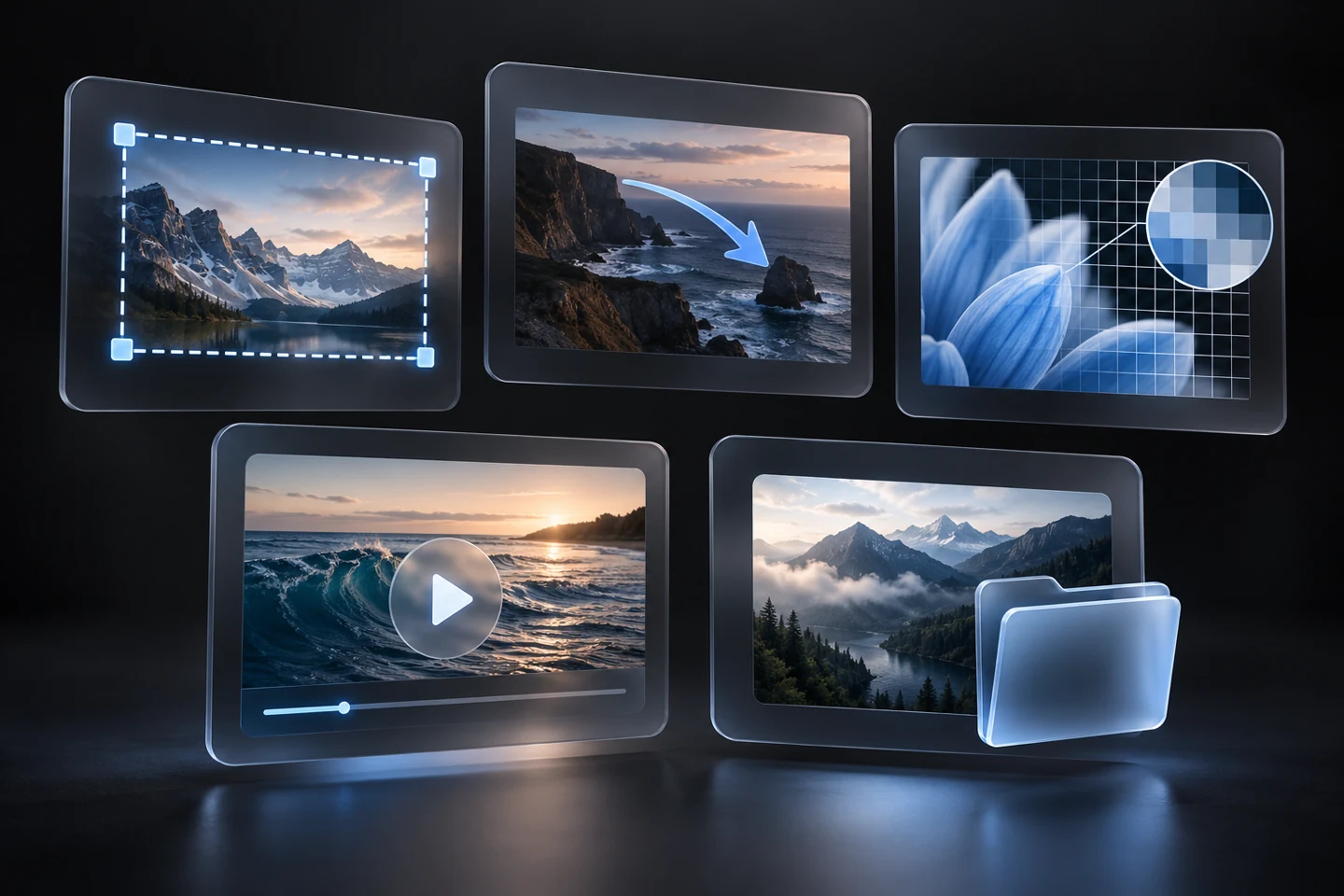 Five stylized capture cards representing screenshot features
