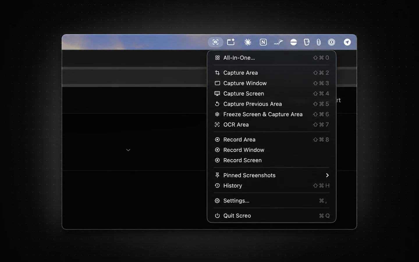 Screo menu showing screenshot, OCR and recording capture modes