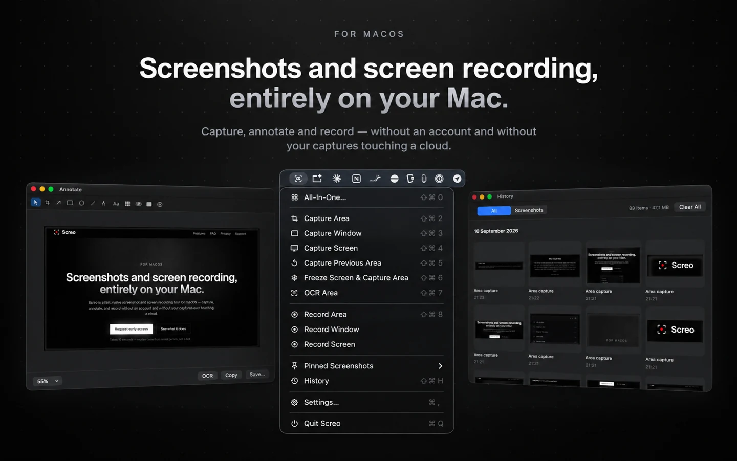 Screo capture menu, annotation editor and local capture history